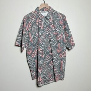 Frank VTG Mens Button Up Shirt M Gray Pink Geometric Tribal 90s Streetwear